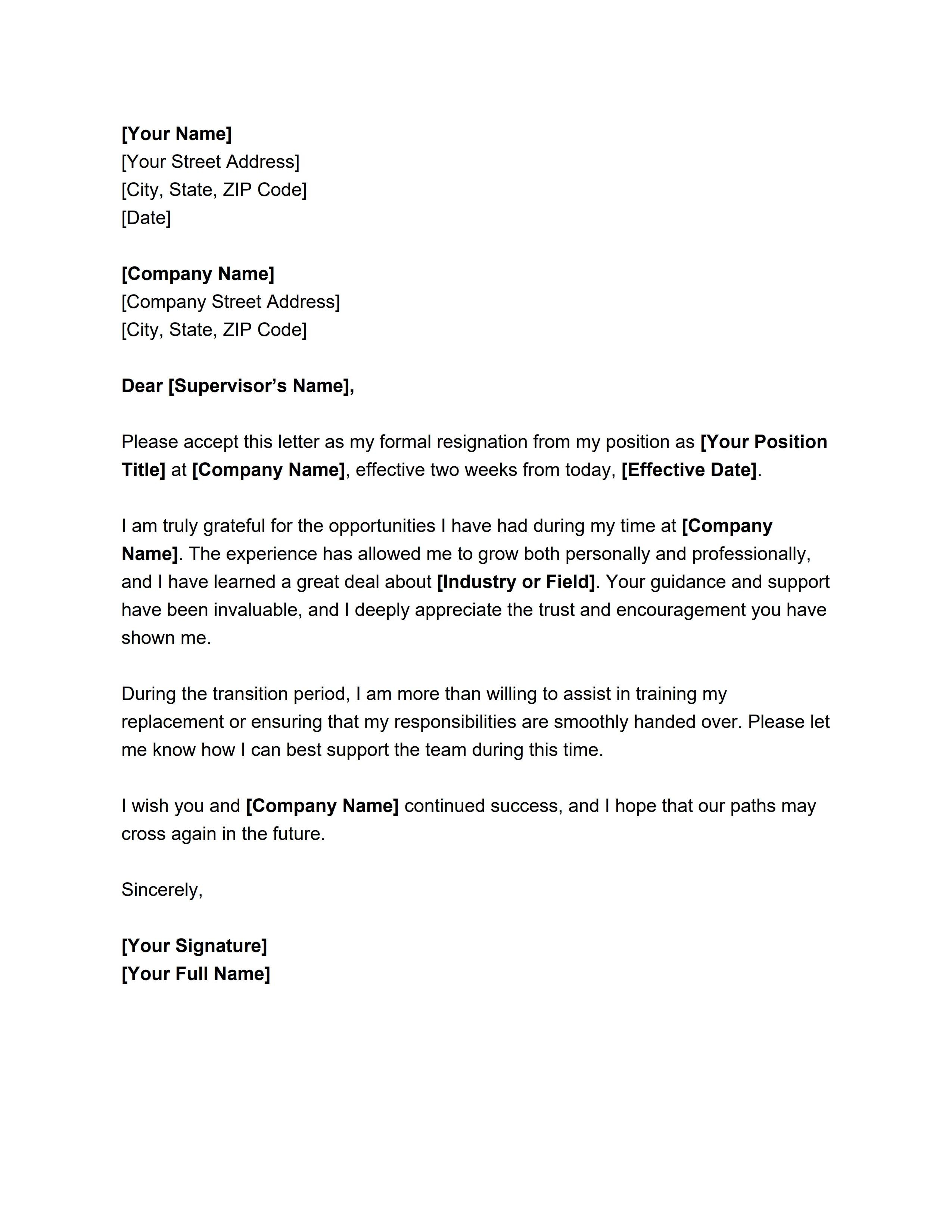 Professional Two-week Notice Resignation Letter