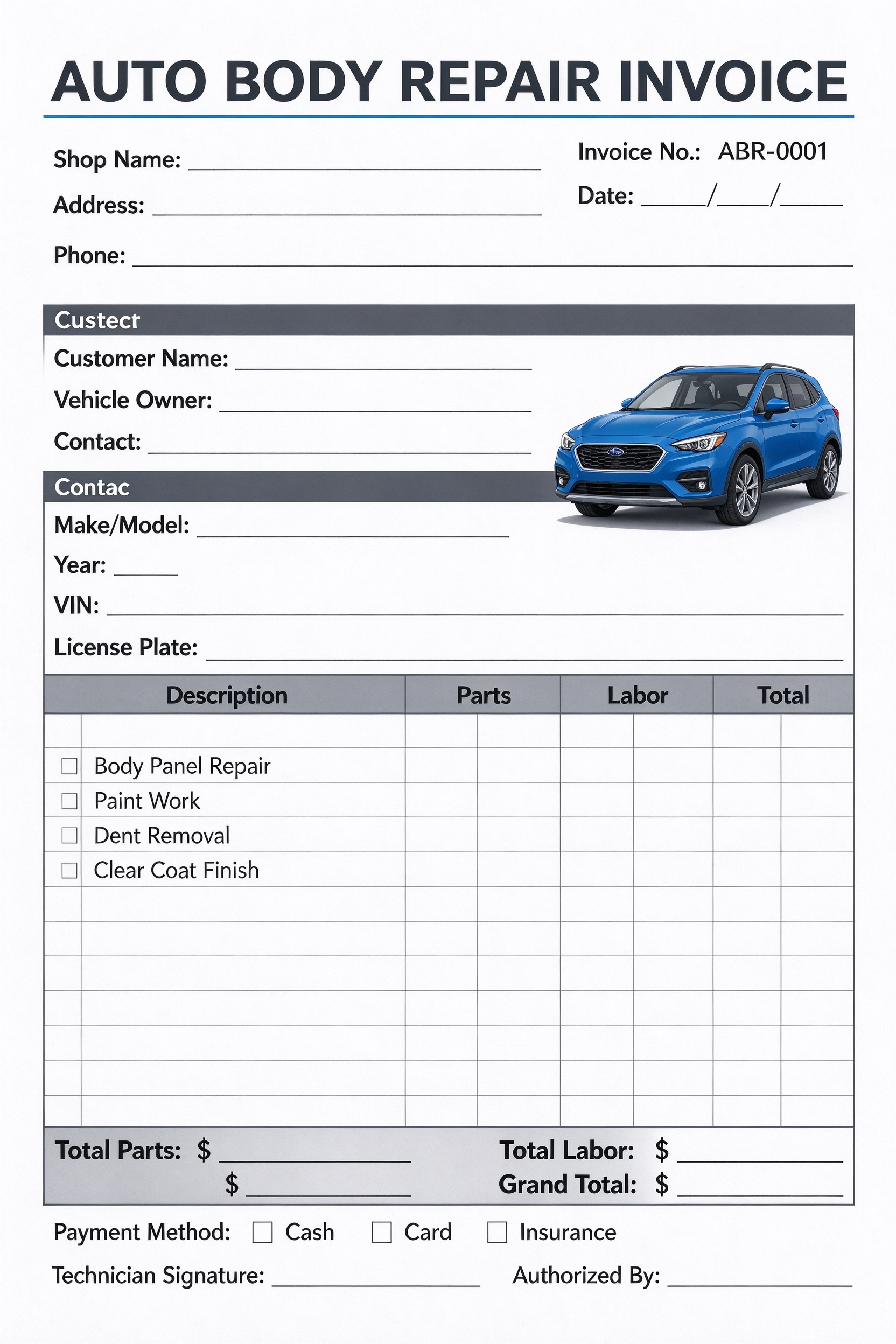 Customize a printable Auto Body Repair Invoice Template PDF