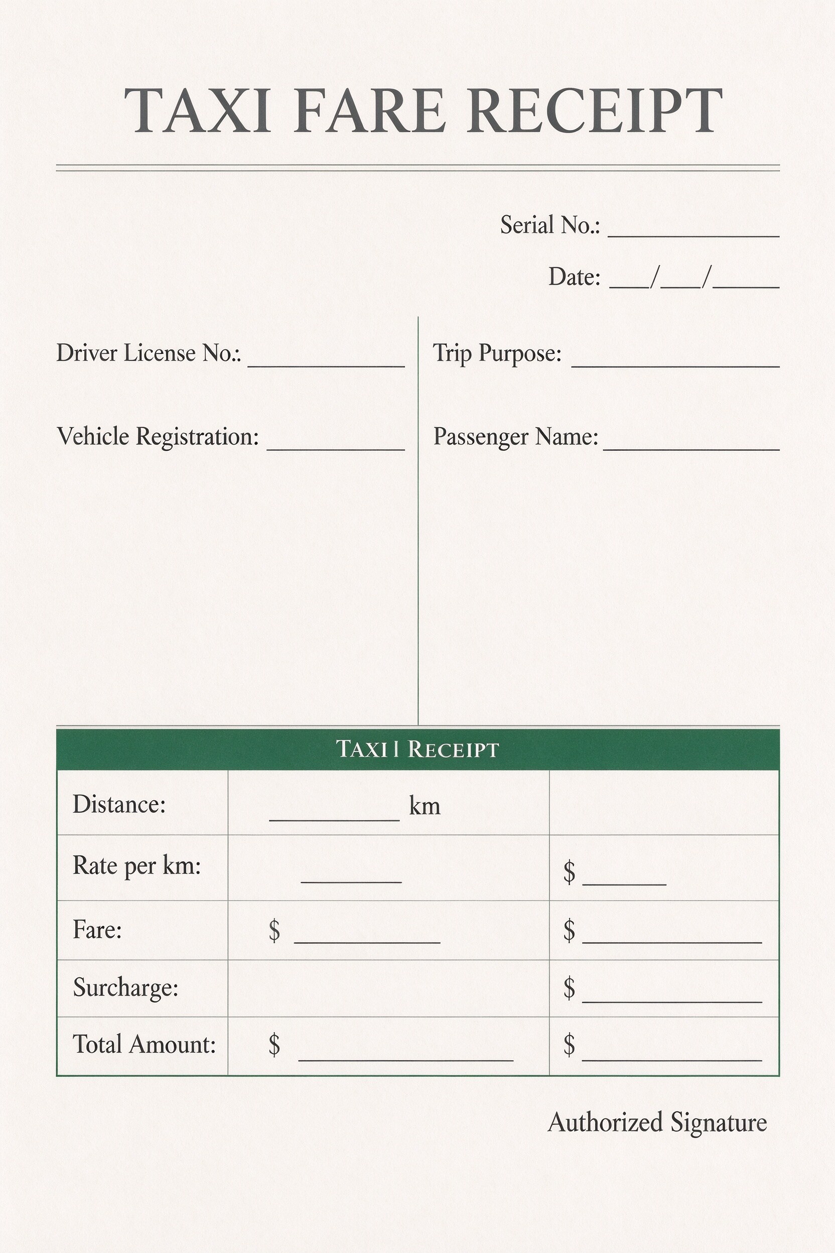 Customize a printable Taxi Fare Receipt Template PDF