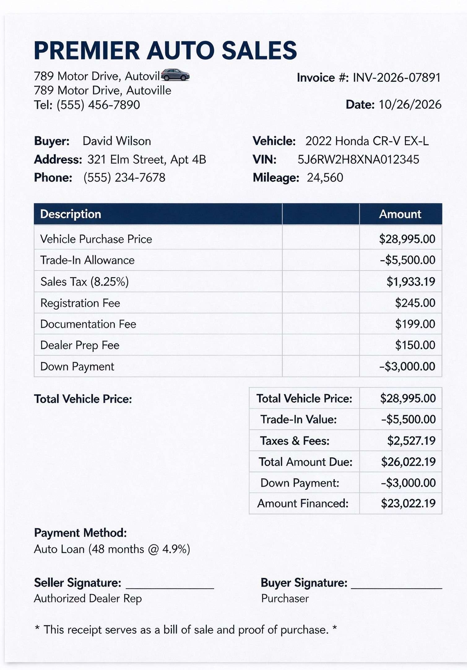Customize a printable Car Purchase Receipt Template PDF