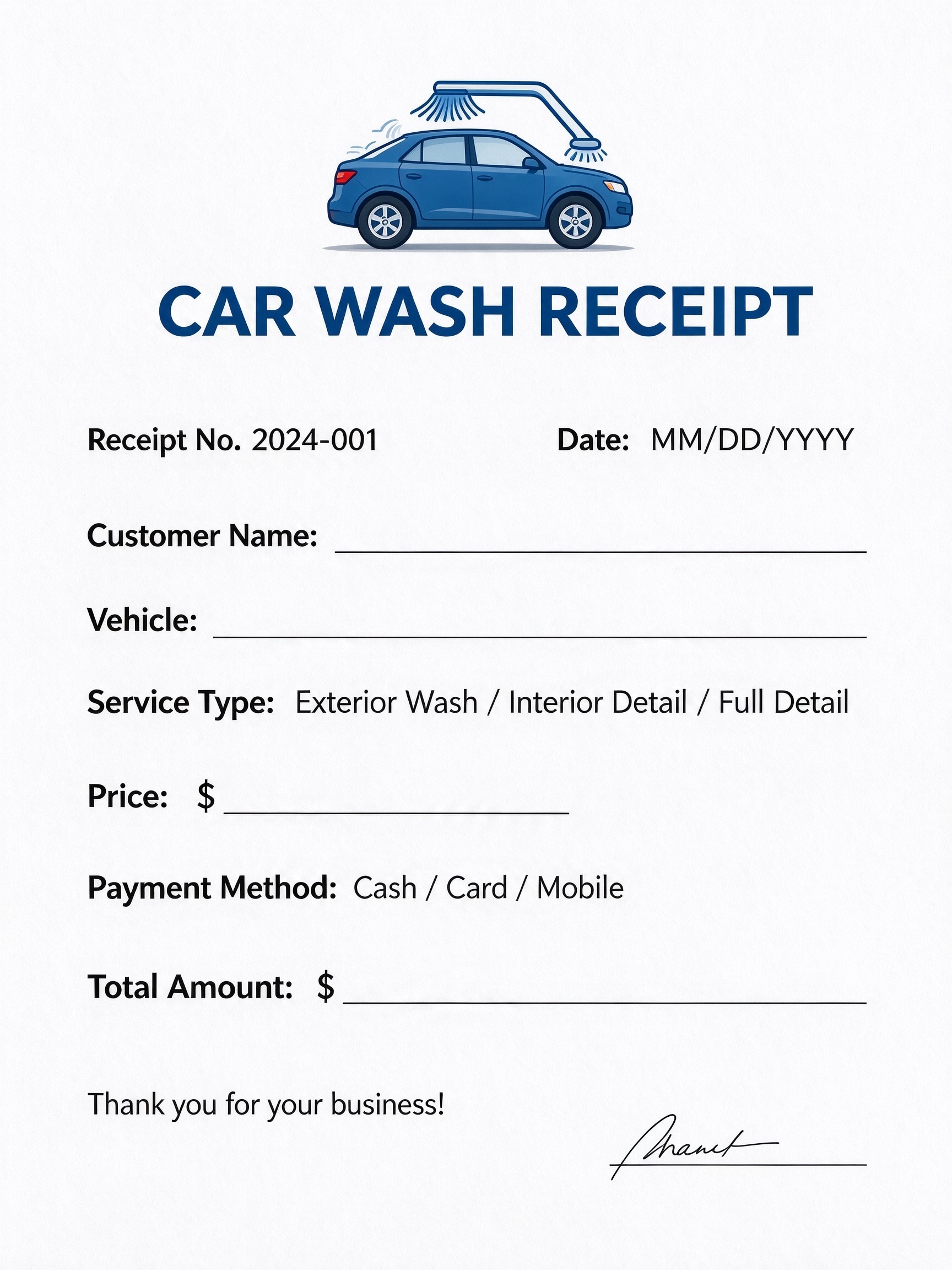 Customize a printable Car Wash Receipt Template PDF