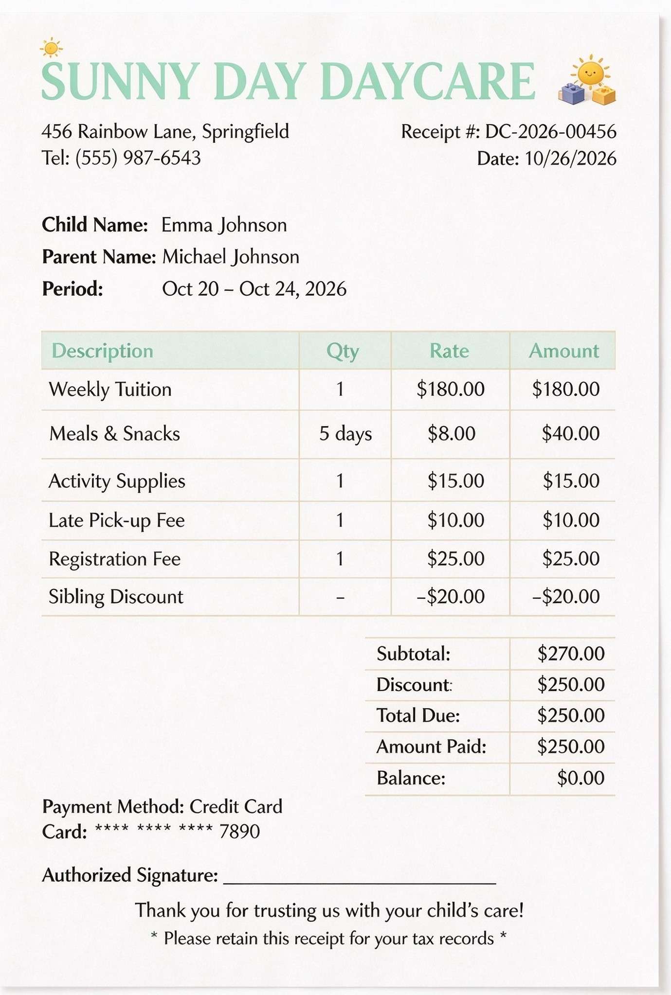 Customize a printable Daycare Receipt Template PDF