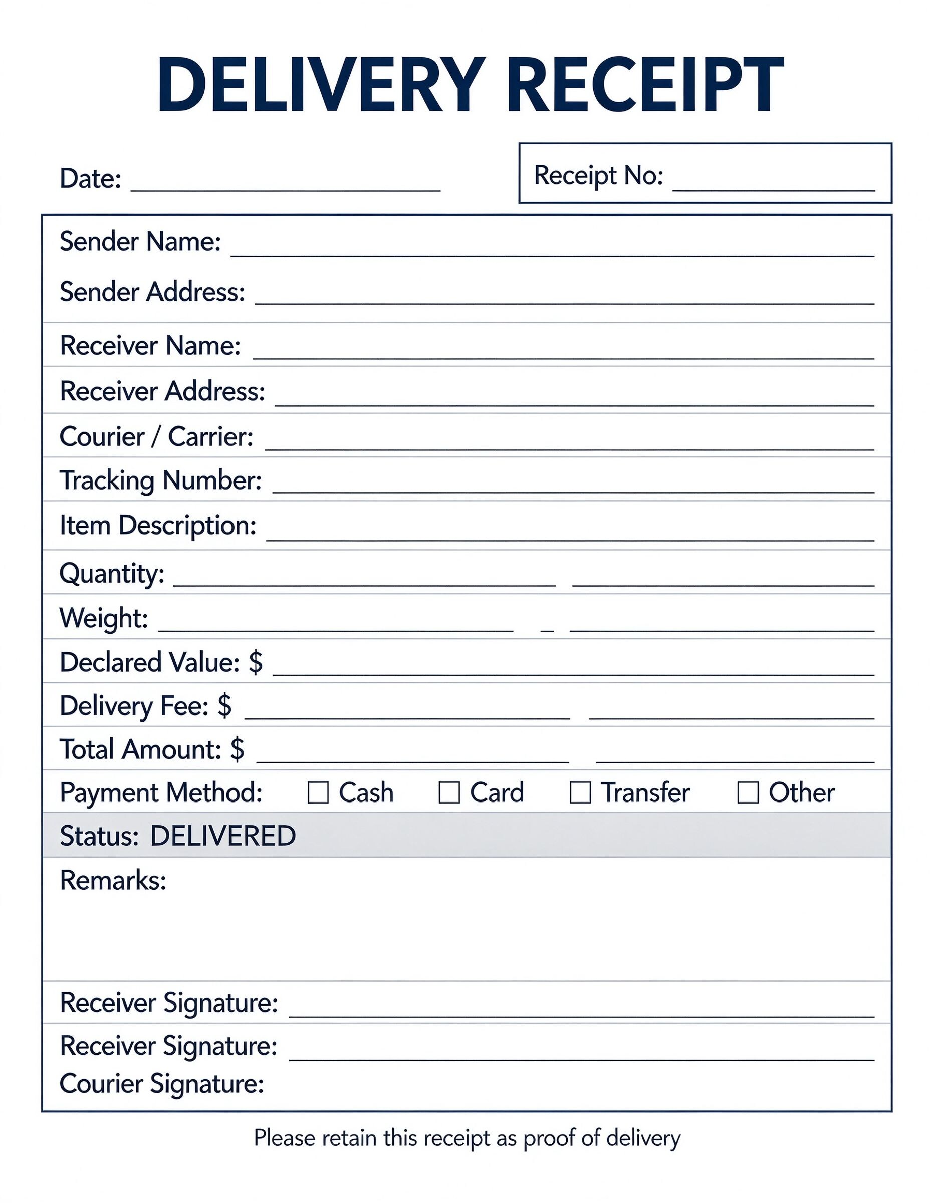 Customize a printable Delivery Receipt Template PDF