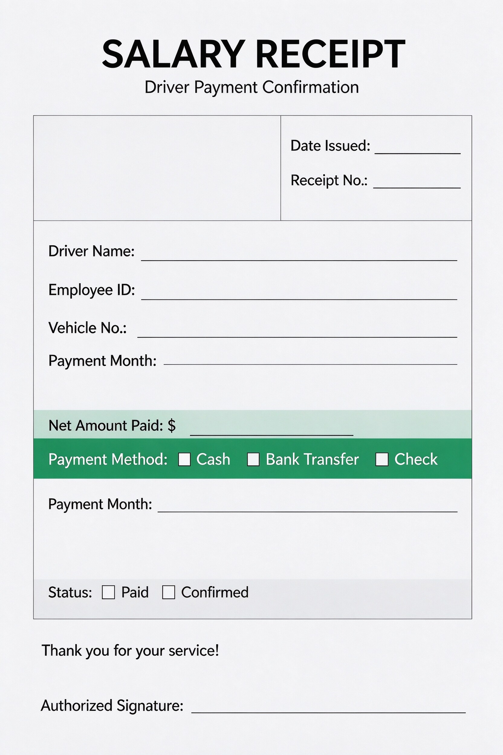 Customize a printable Driver Salary Receipt Template PDF