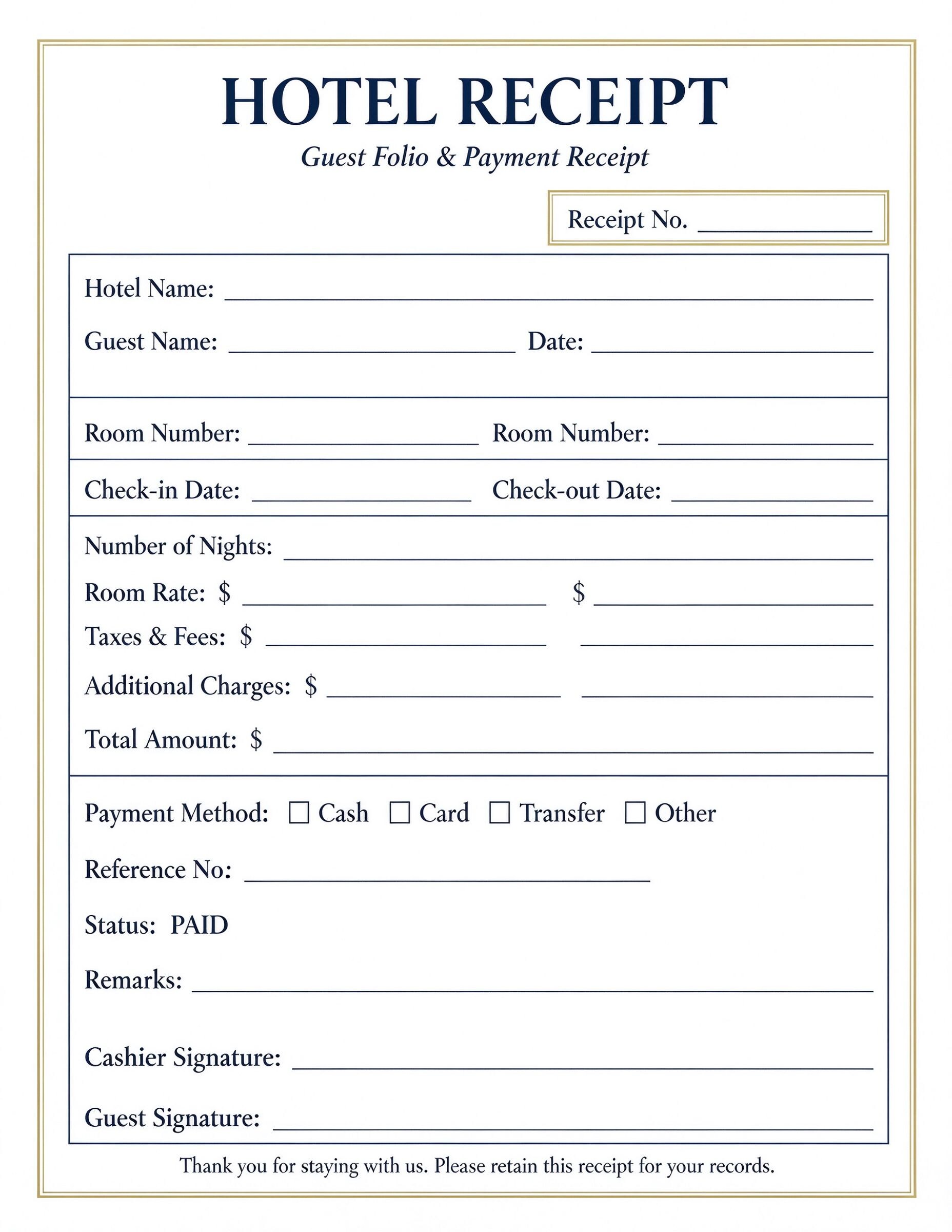 Customize a printable Hotel Guest Folio and Receipt Template PDF