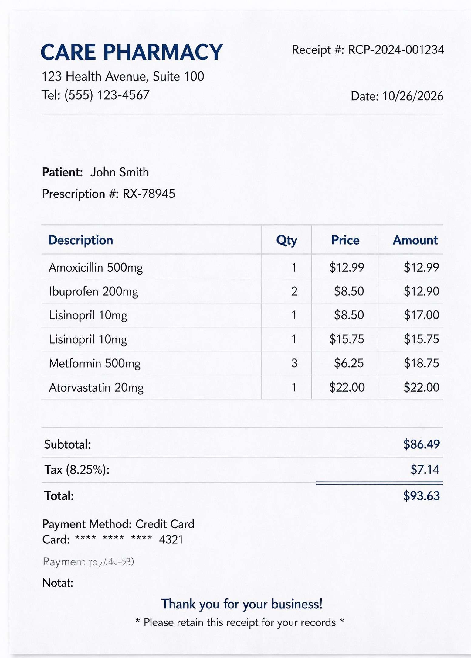 Customize a printable Pharmacy Medical Receipt Template PDF