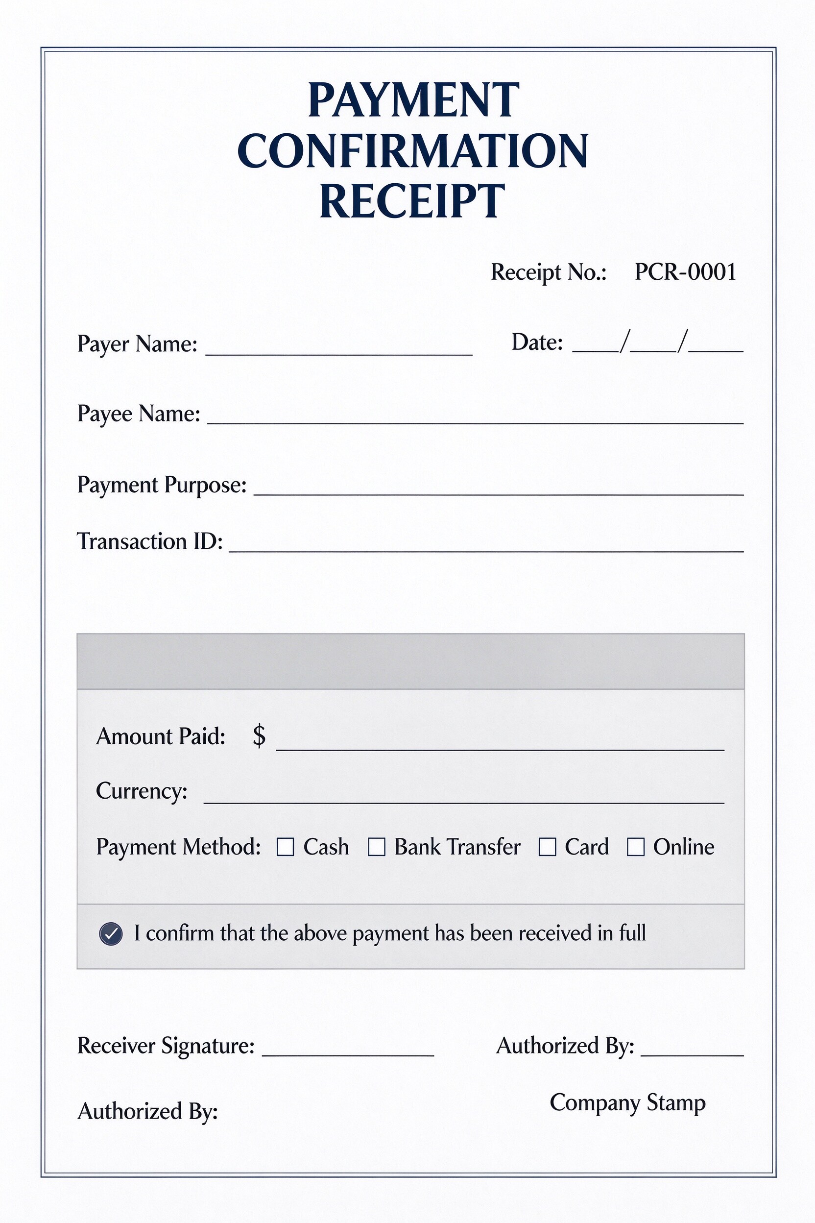 Customize a printable Payment Confirmation Receipt Template PDF