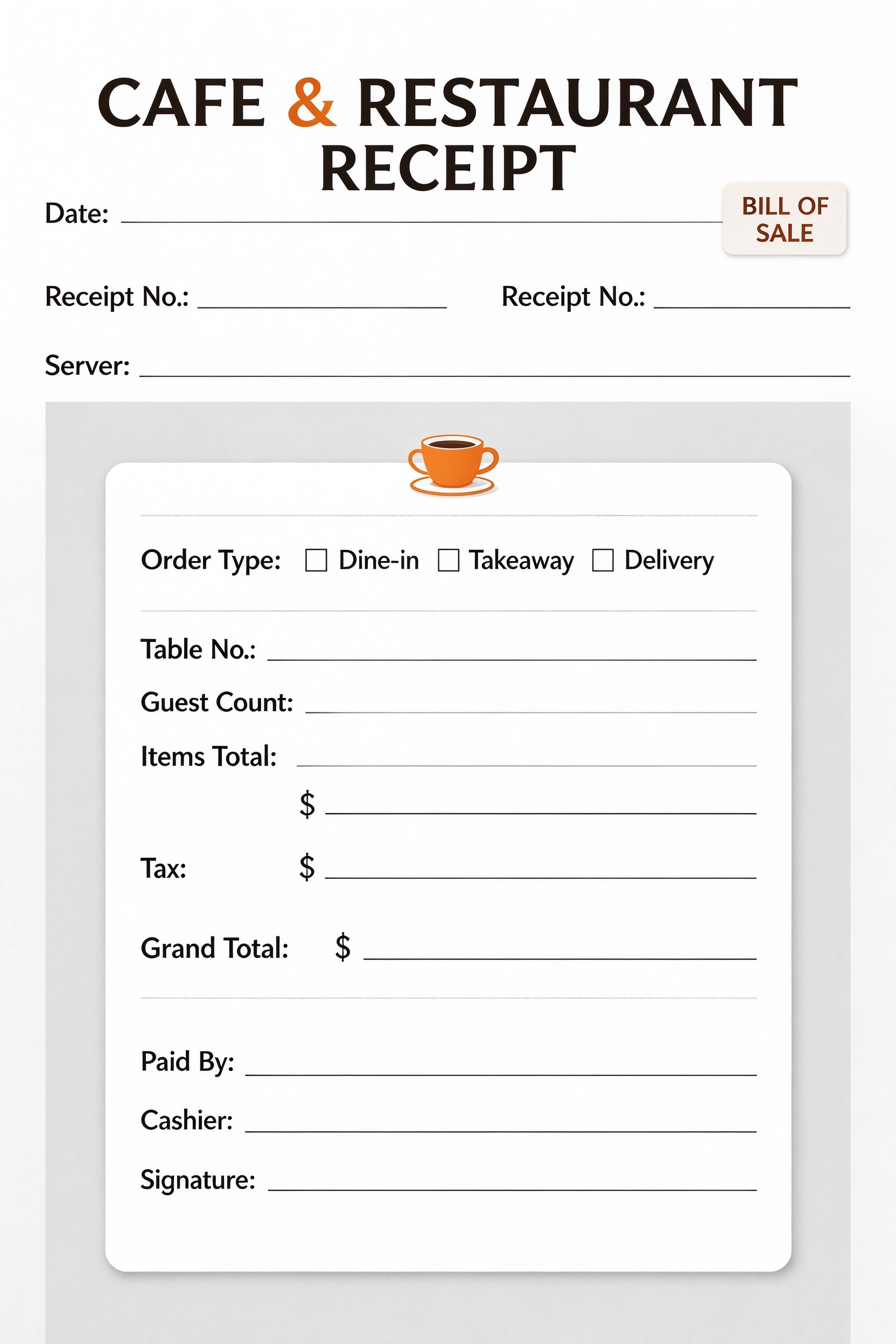 Customize a printable Cafe & Restaurant Receipt Template PDF