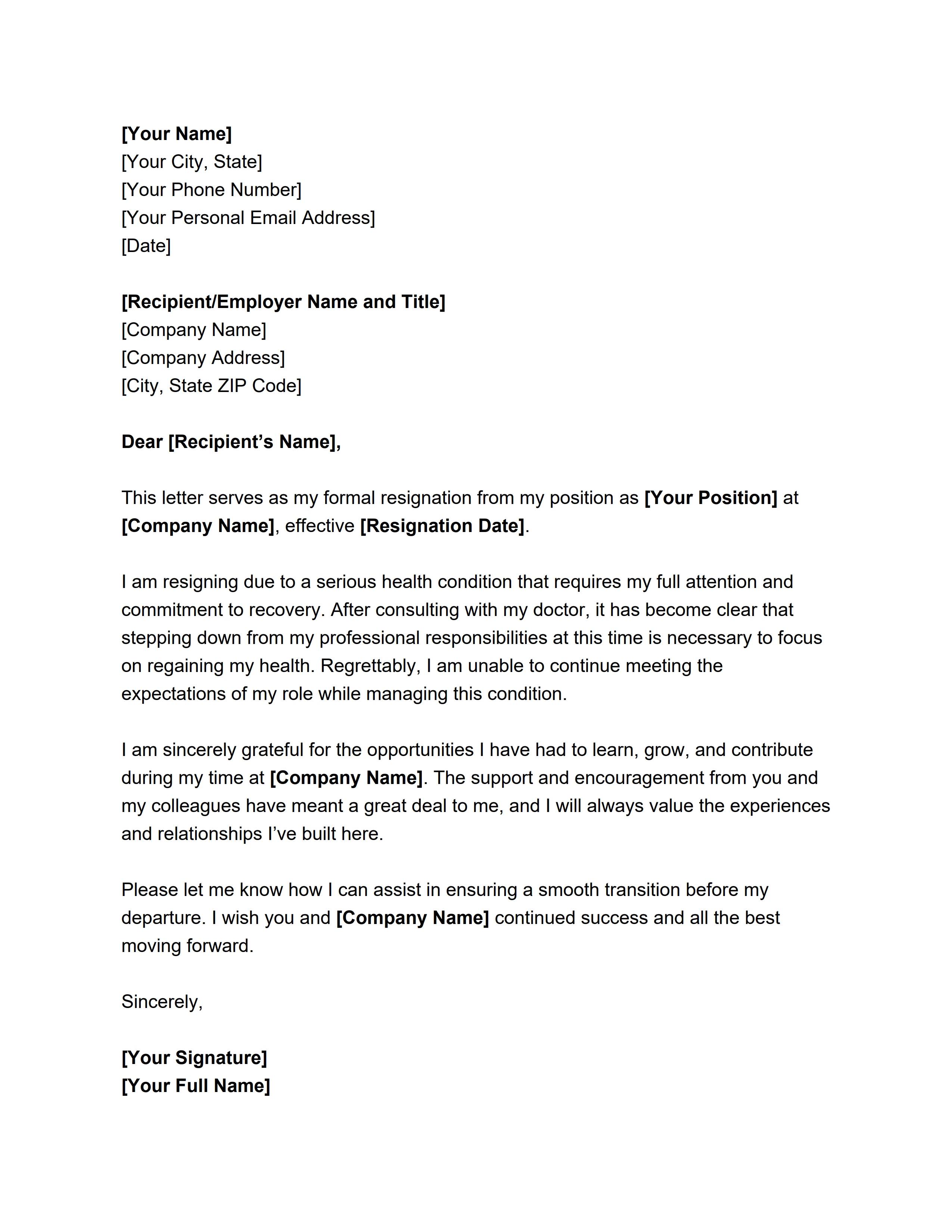 Resignation Letter on Health Reason