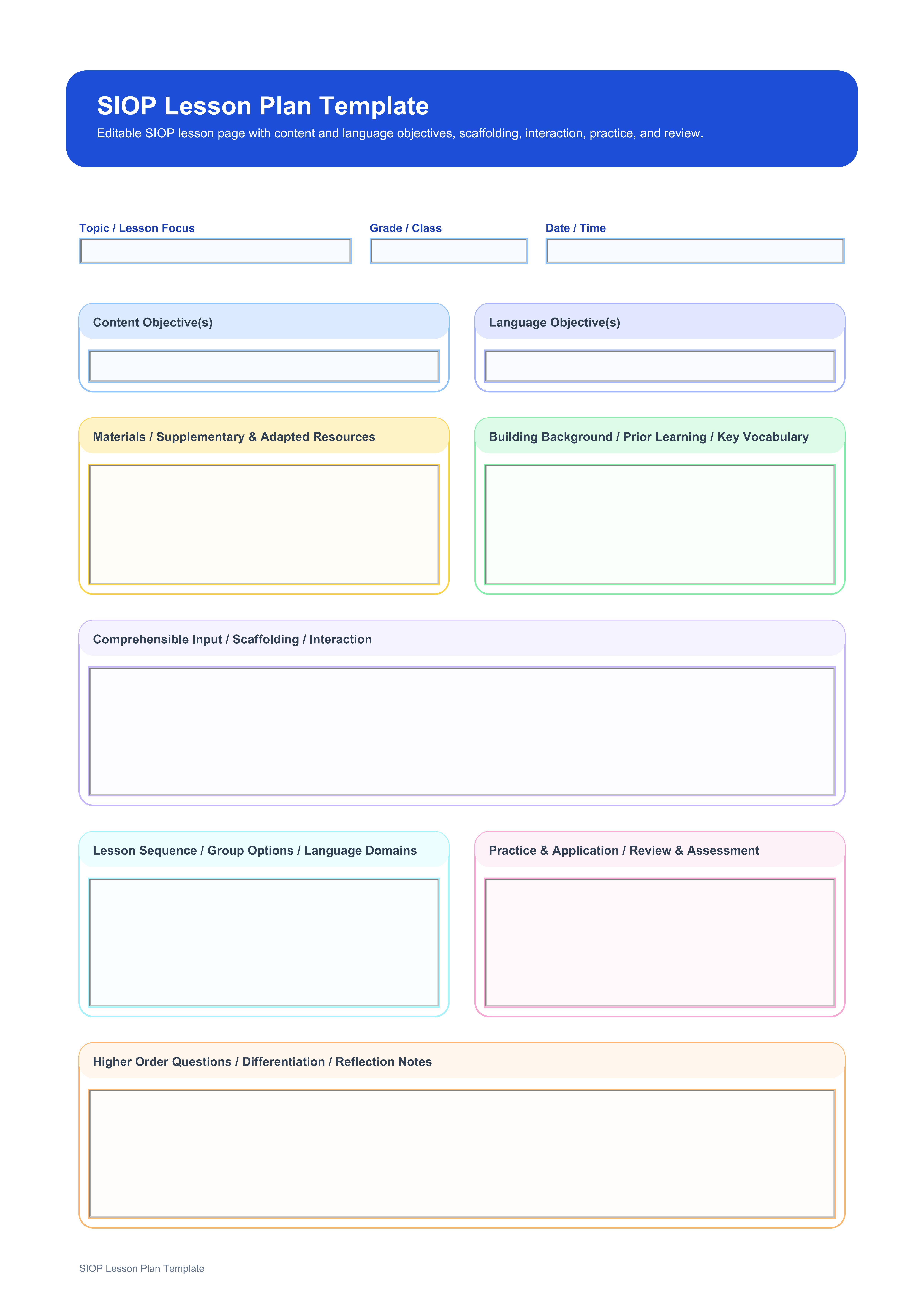 siop lesson plan template