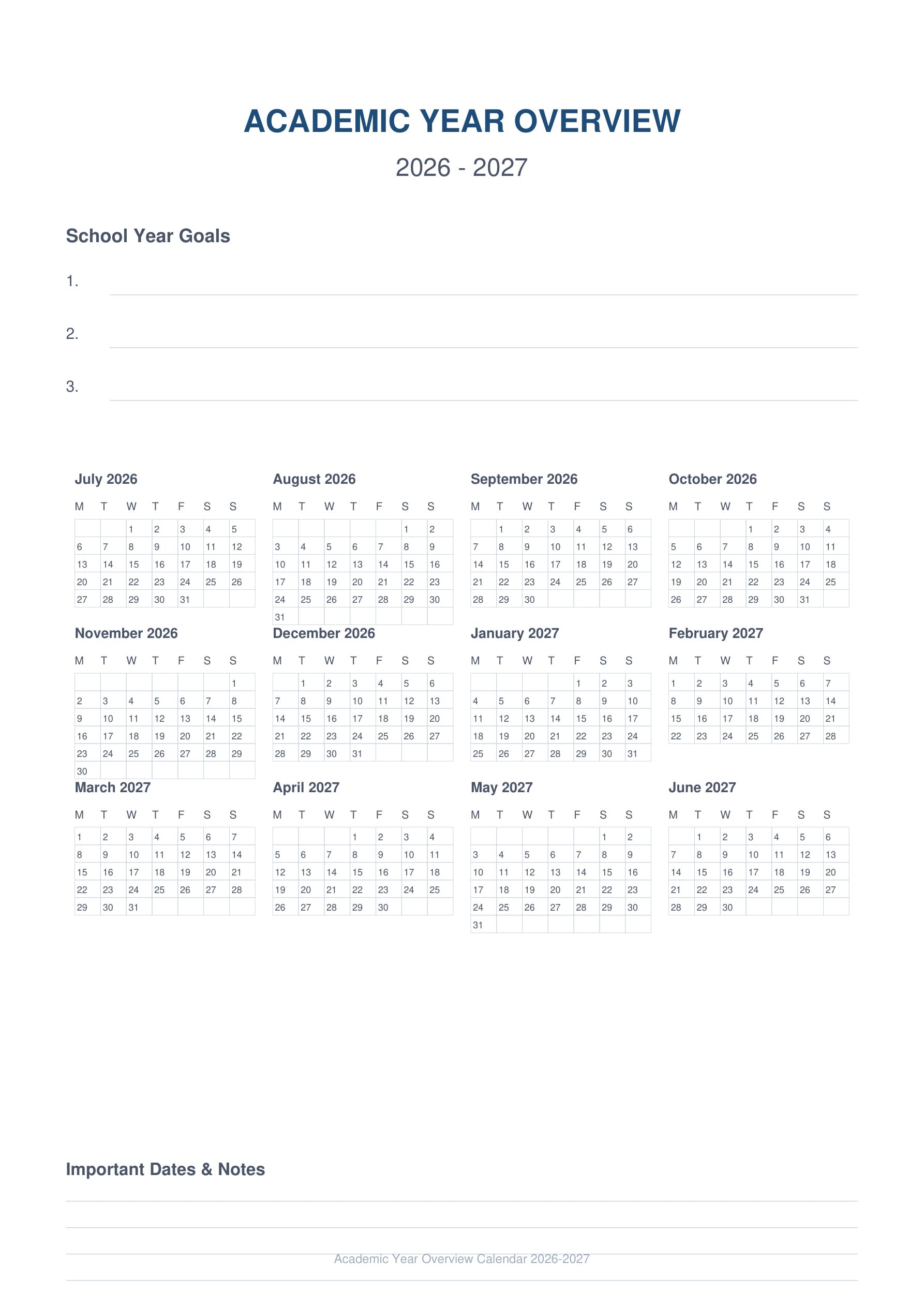 teacher planner year overview calendar 2026-2027