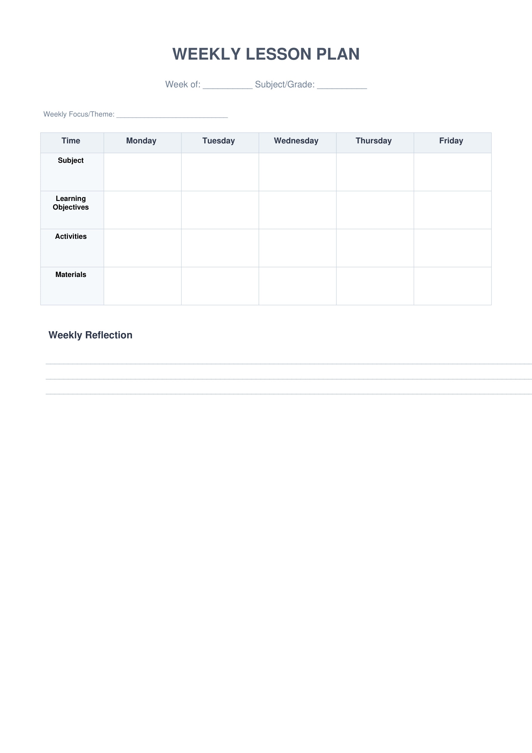weekly lesson plan template horizontal layout