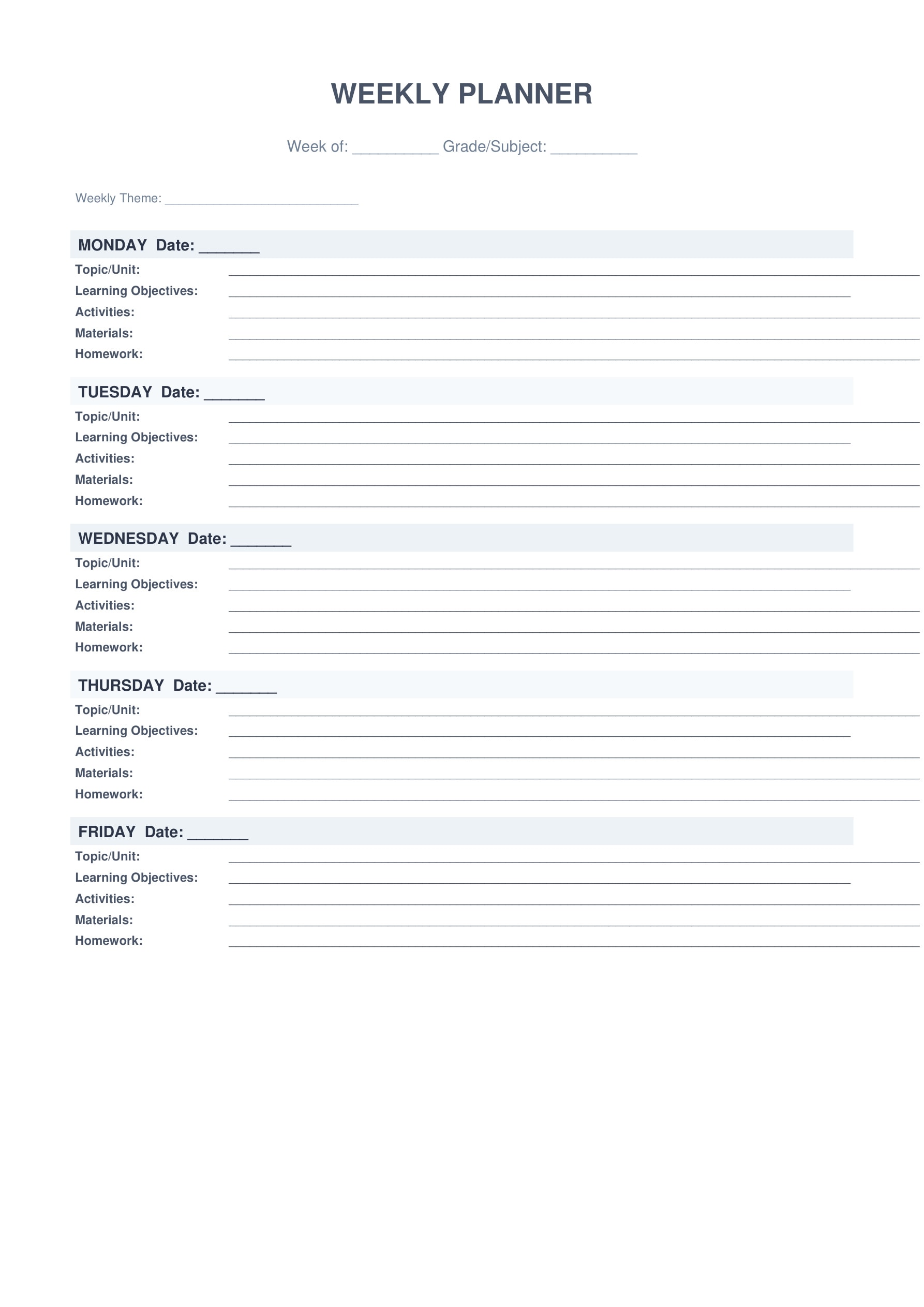 vertical weekly lesson plan printable template