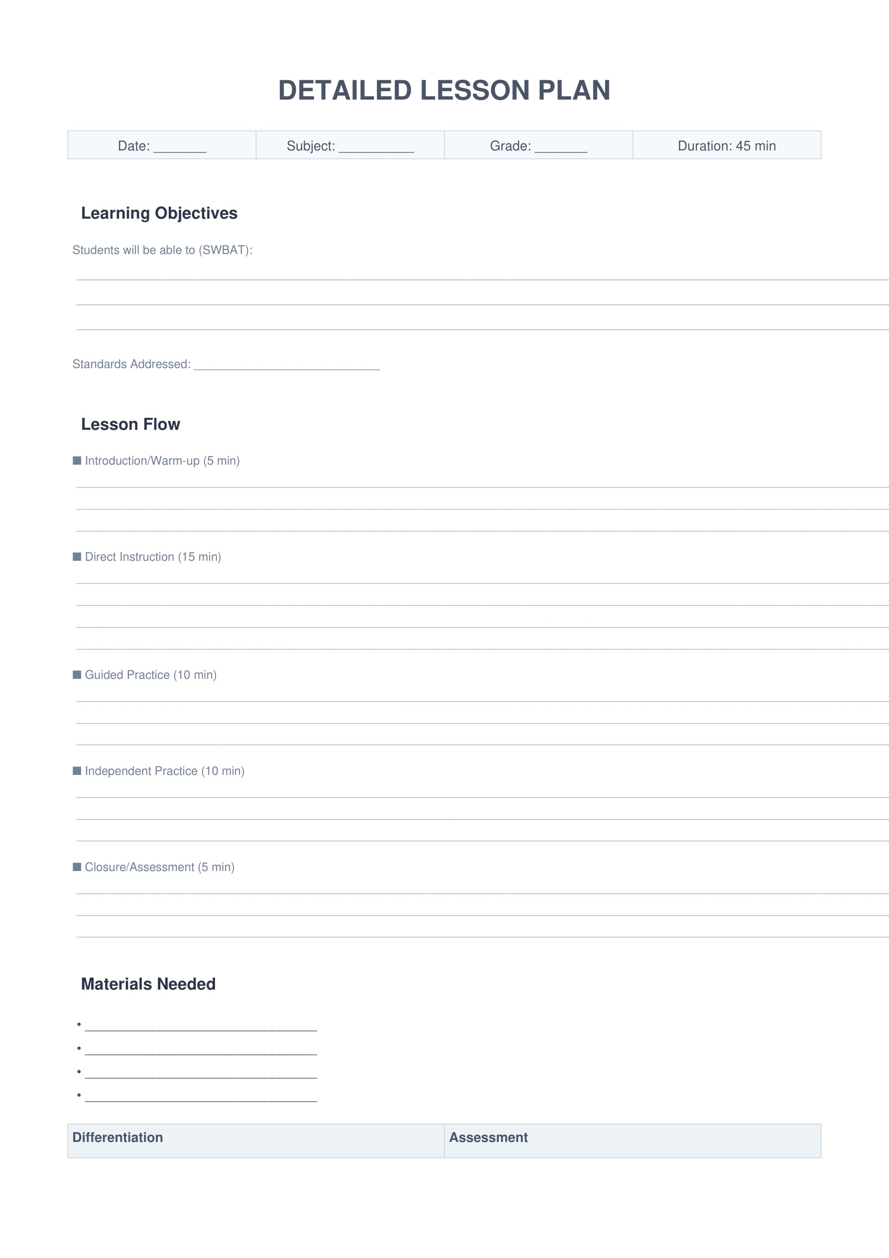 detailed 45 minute lesson plan template