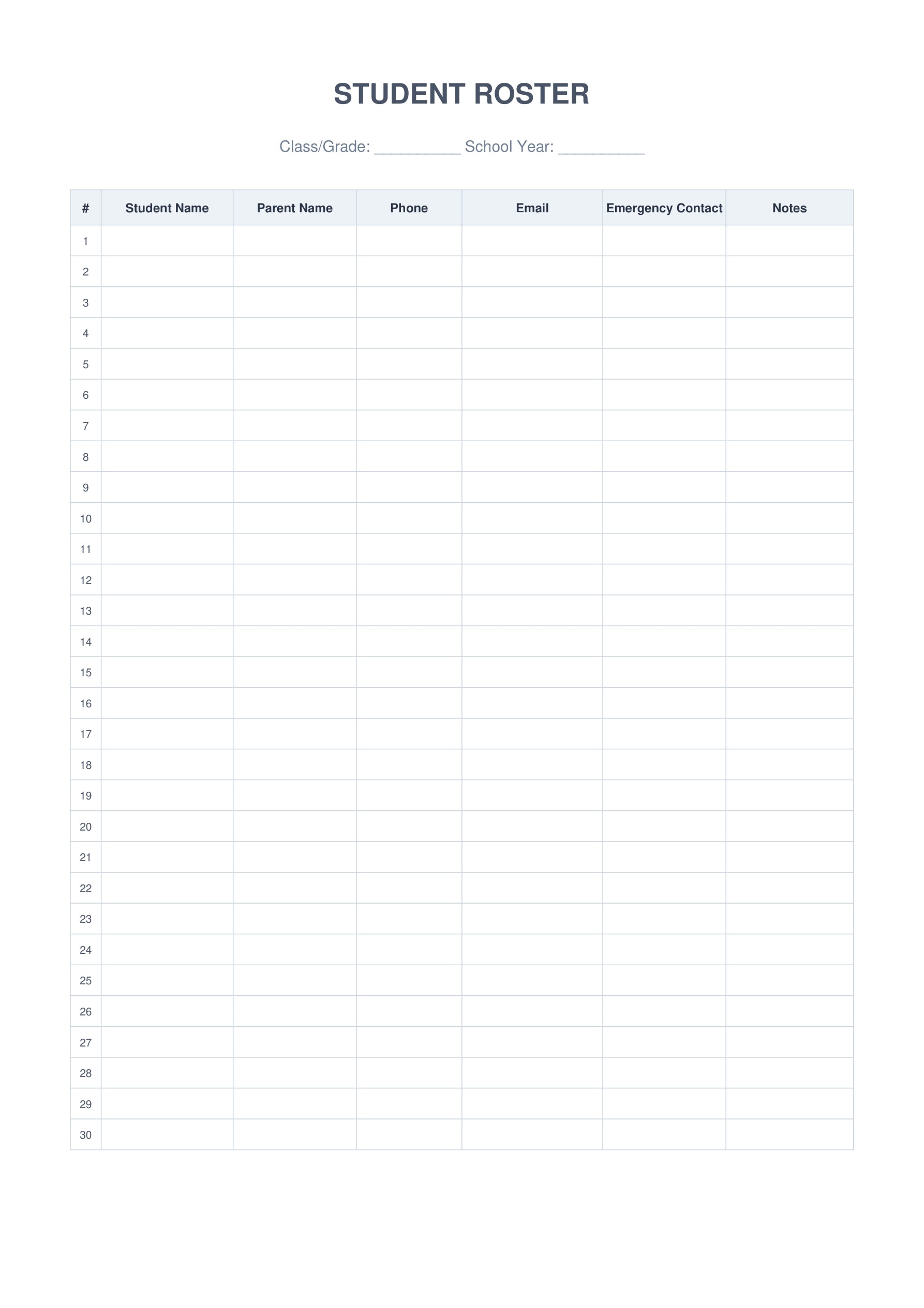 student information roster template class list