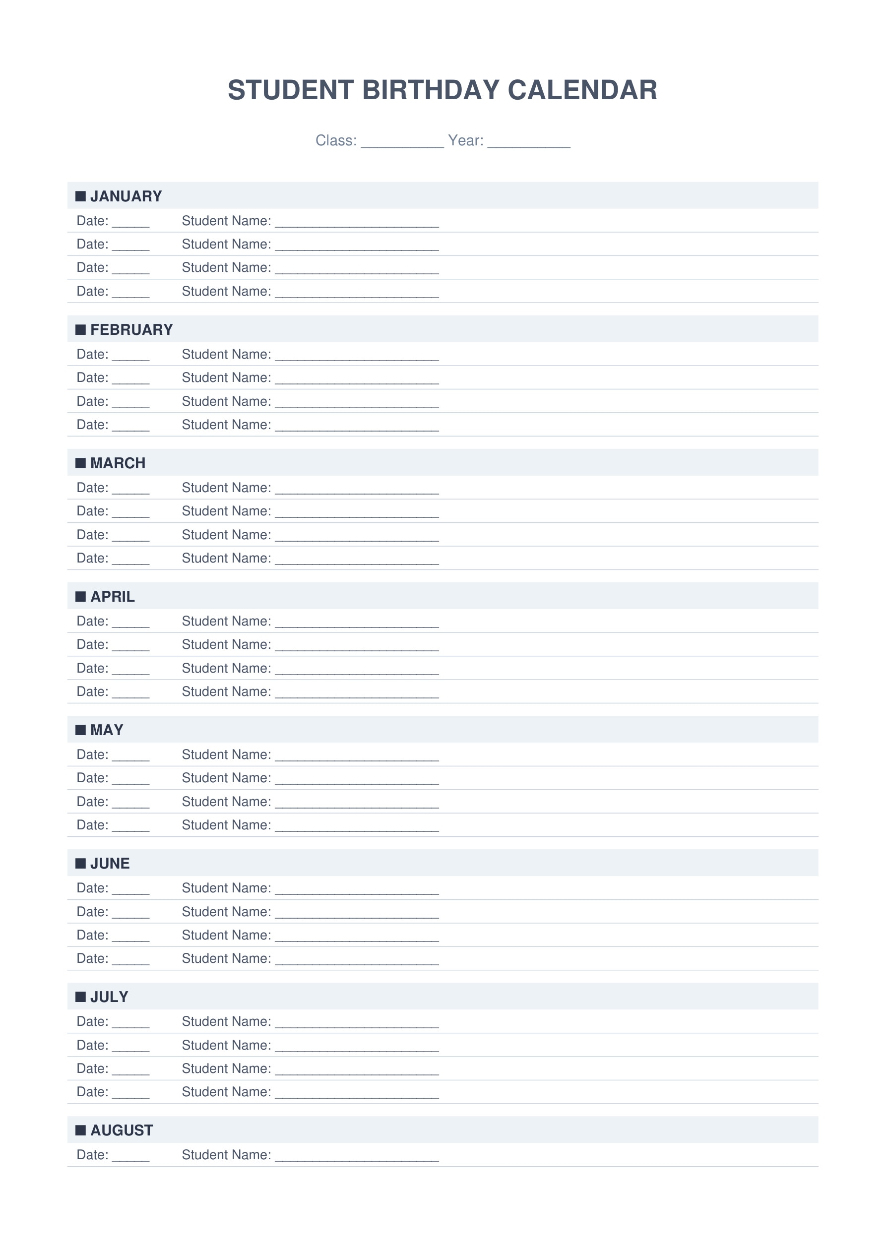 student birthday calendar classroom template