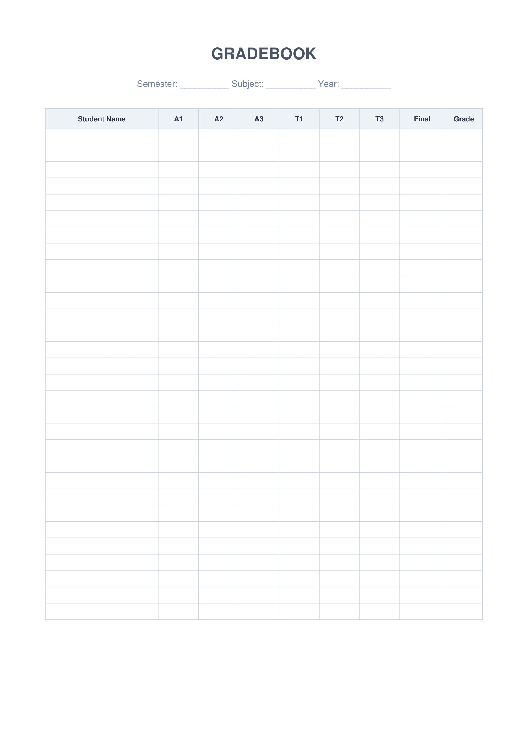 printable semester gradebook template teacher