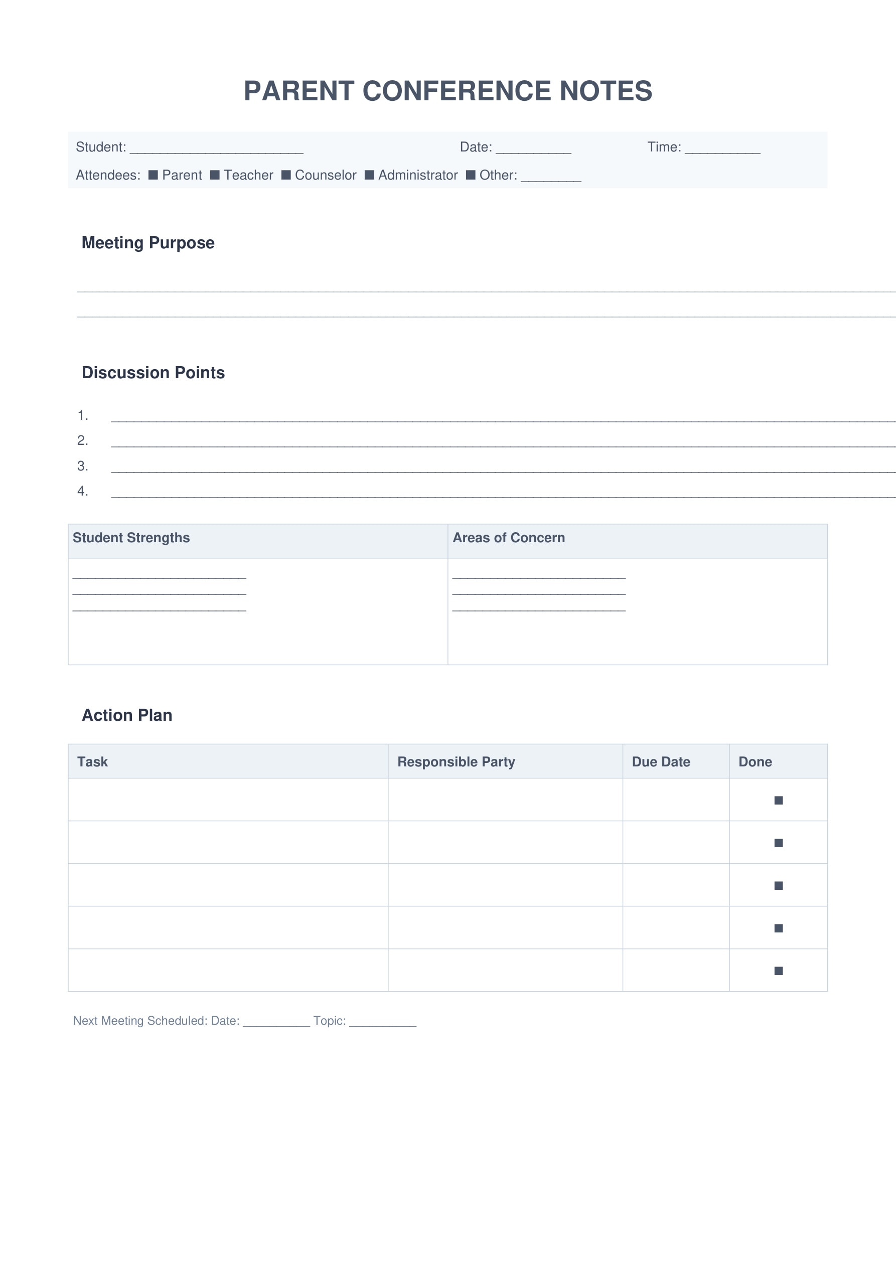 parent teacher conference notes template form