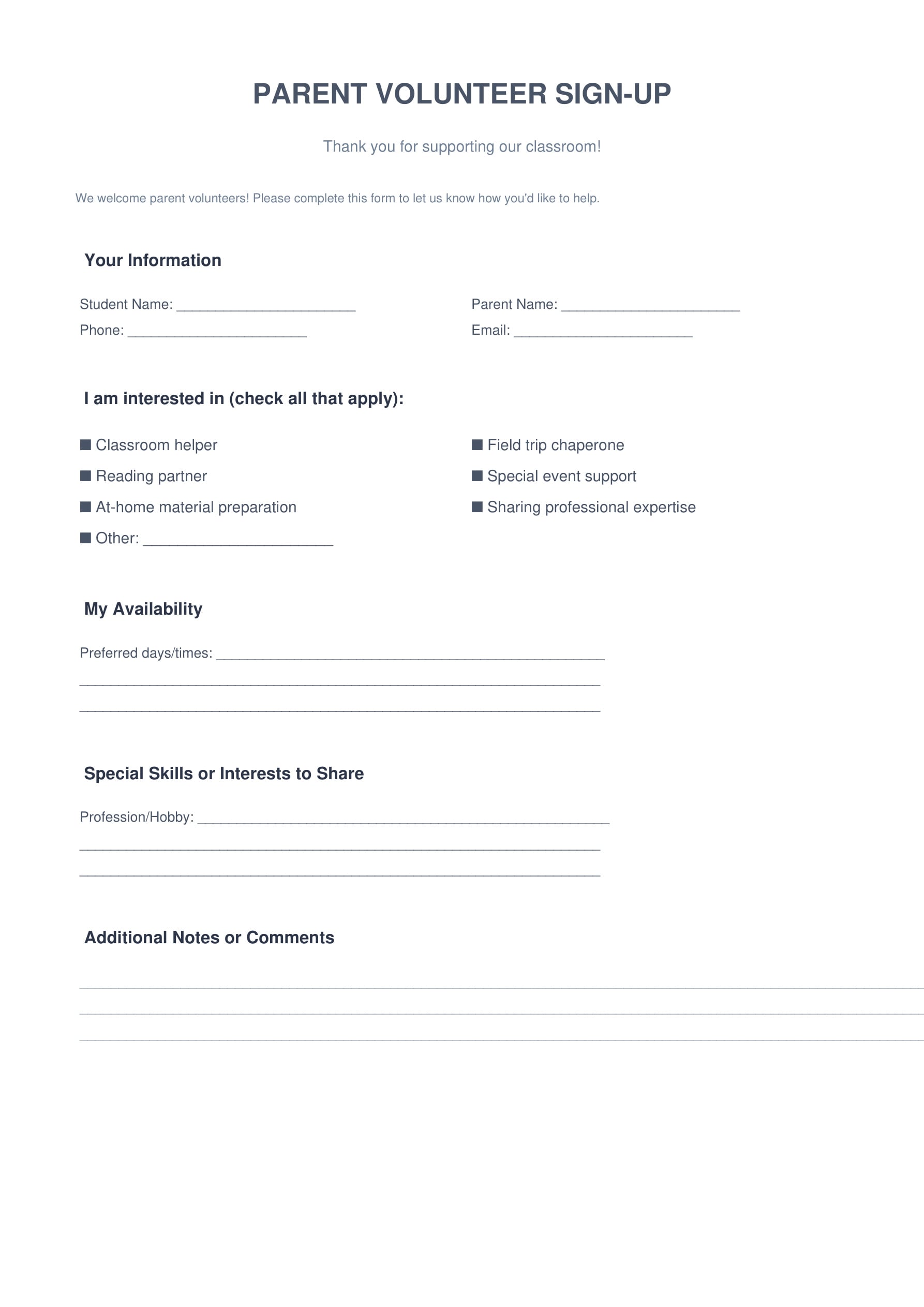 parent volunteer sign up sheet template
