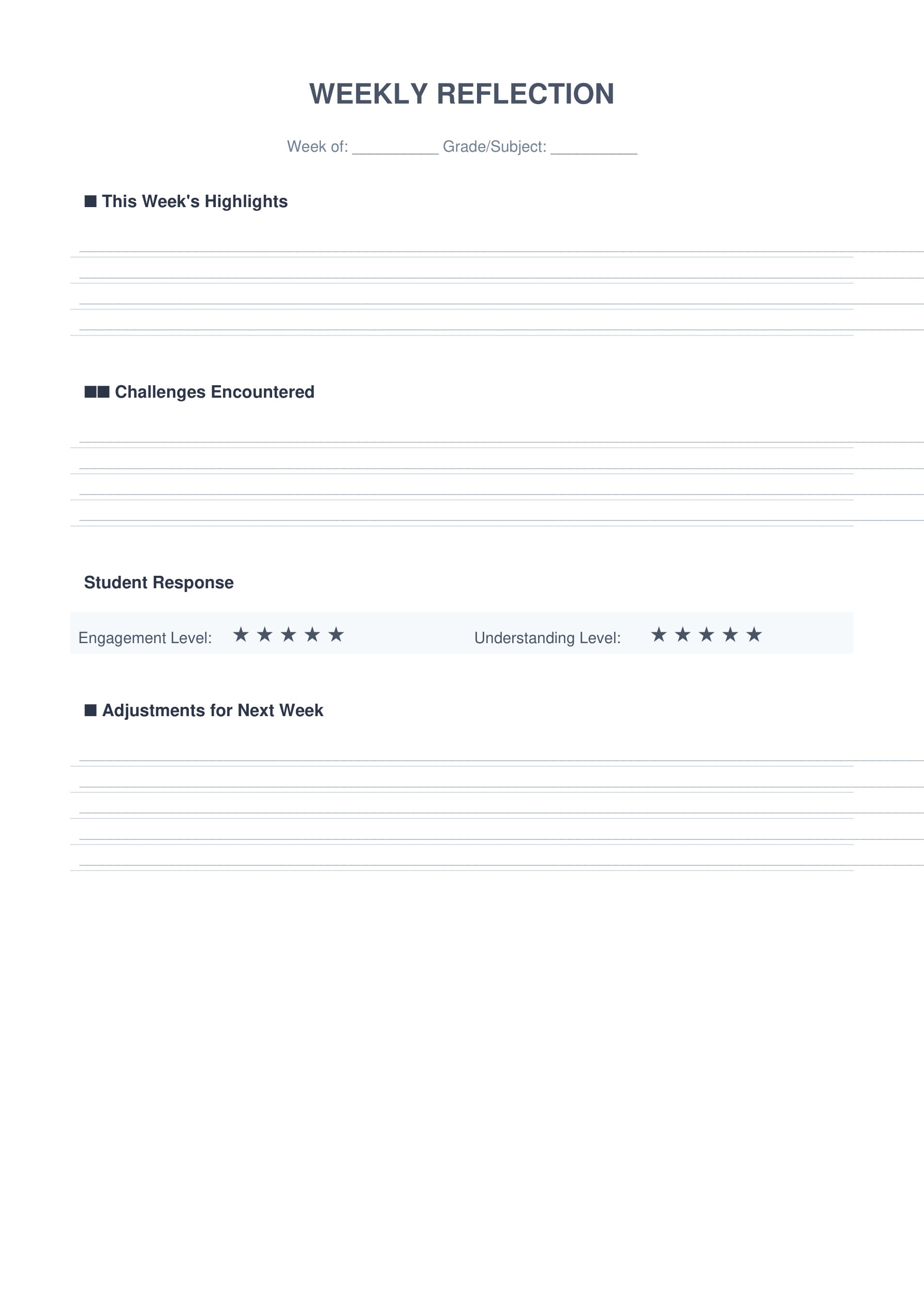 weekly teaching reflection template teacher journal