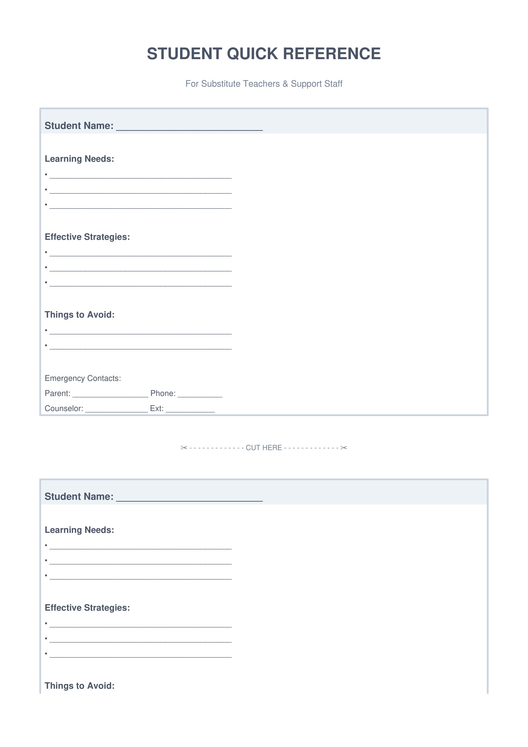 special needs quick reference sheet substitute teacher