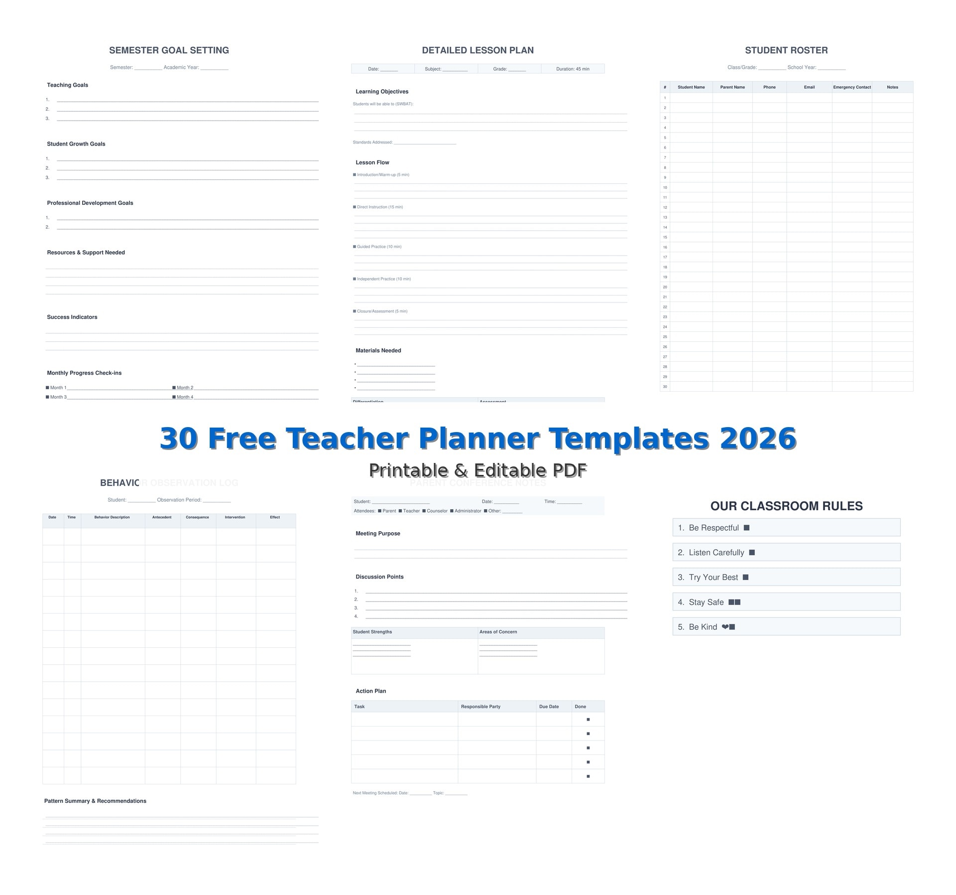 30 Free Teacher Planner Templates 2026 – Printable & Editable PDF