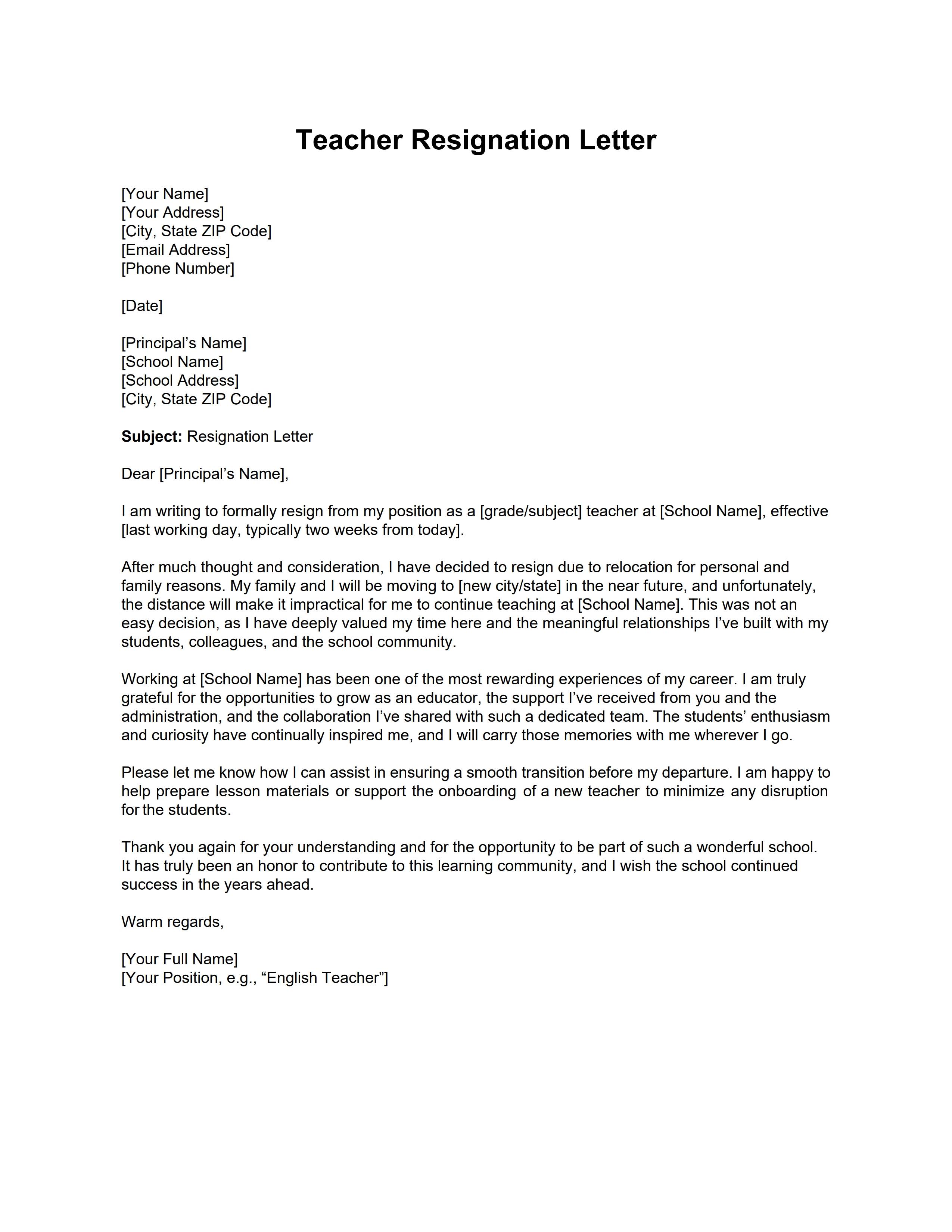 Teacher Resignation Letter on Personal Reason