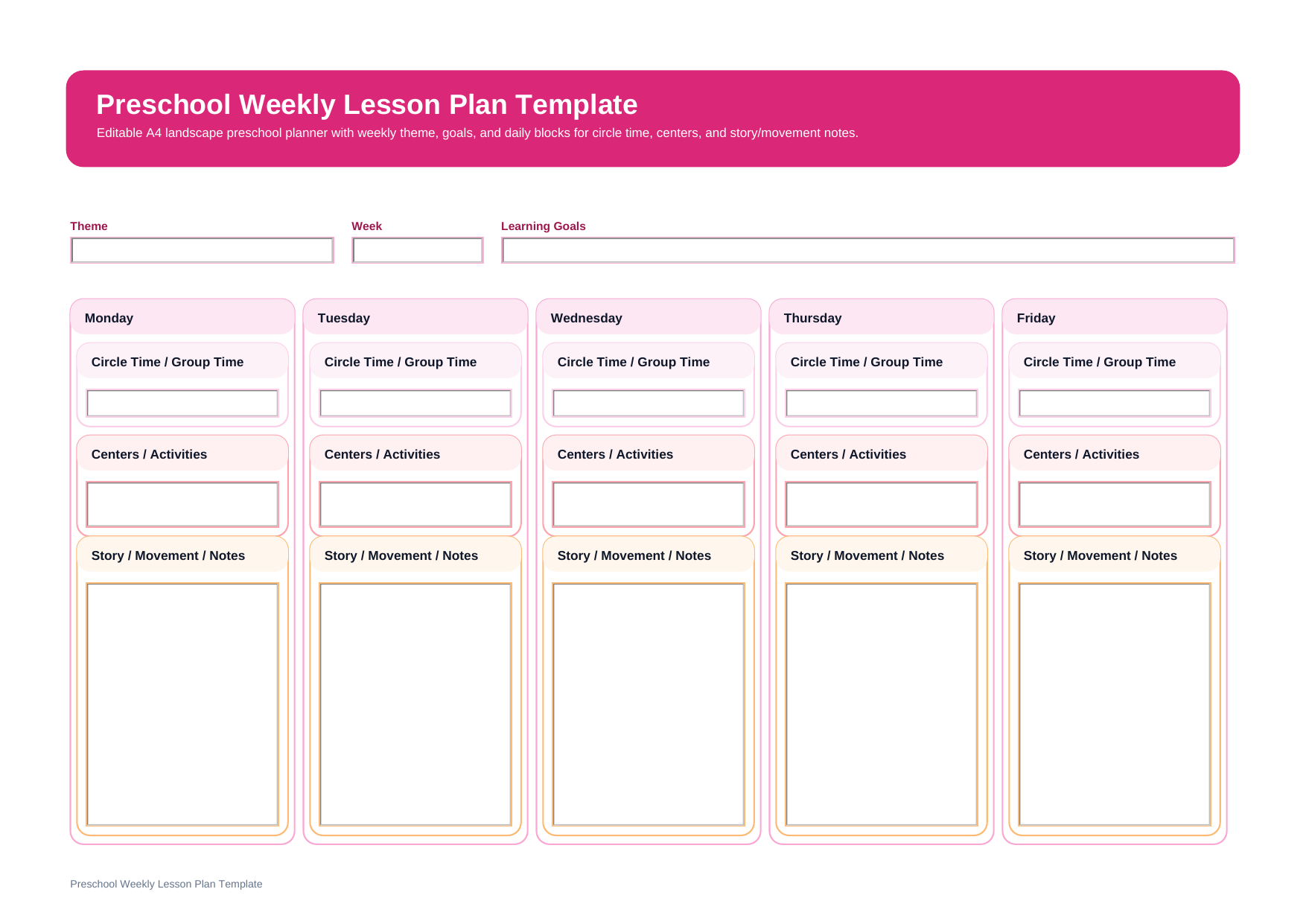 preschool weekly lesson plan