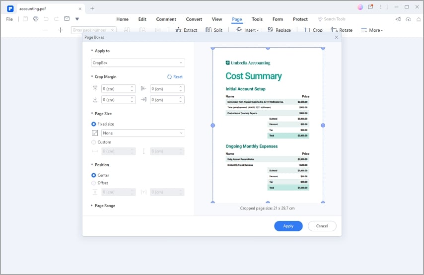 recortar cuadros de página pdf cambiar configuración