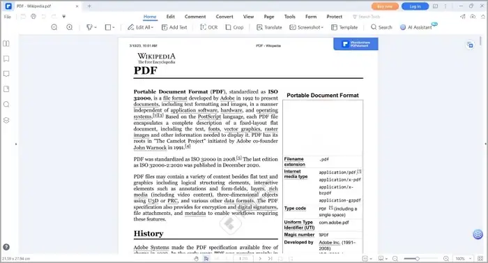 un pdf aperto con wondershare pdfelement