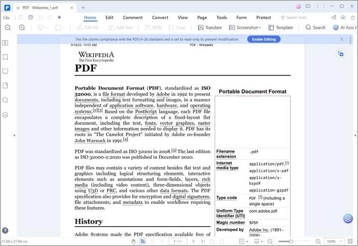 a pdfa document opened with pdfelement
