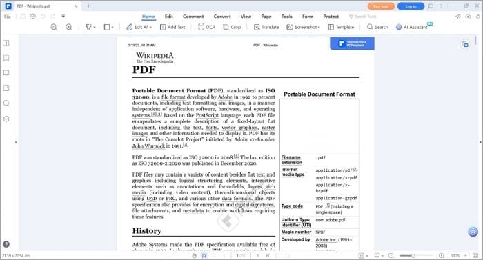 Ein in PDFelement geöffnetes PDF-Dokument