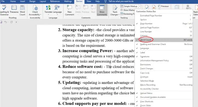 getting word count in microsoft word