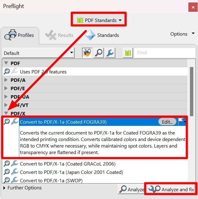 optimize pdfx1a conversion settings