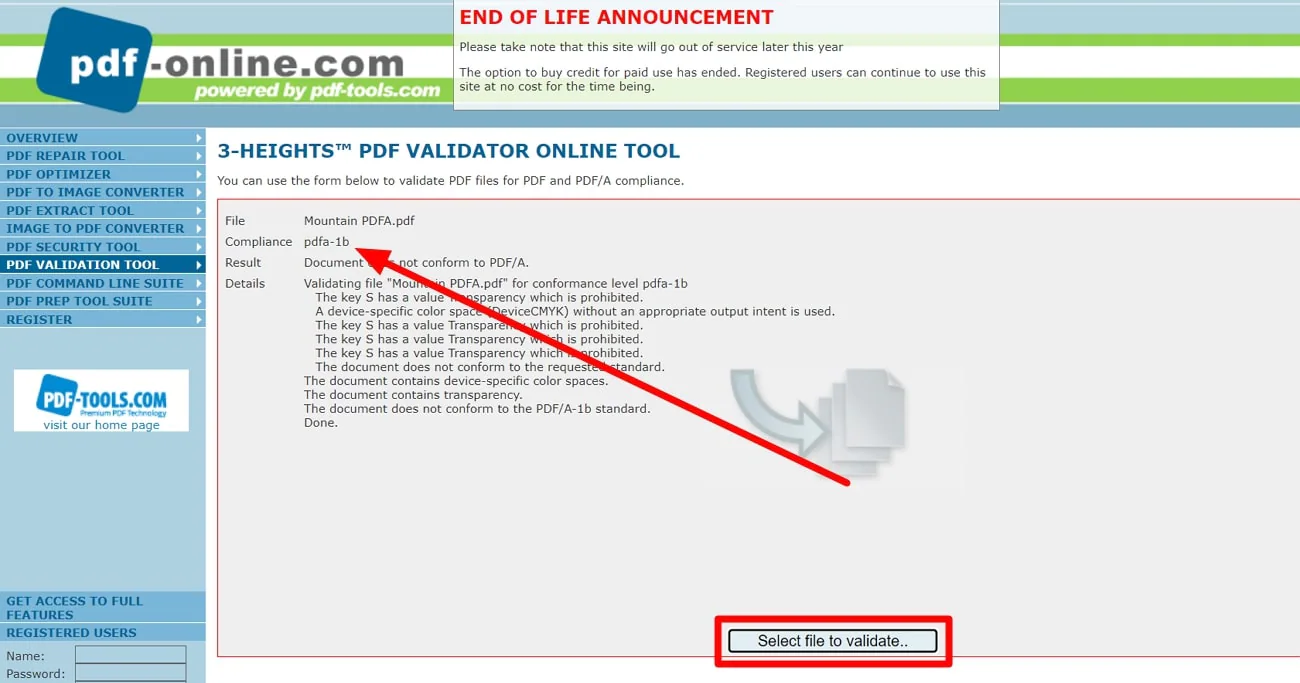 Validare il file PDF/A con un servizio online di validazione PDF.