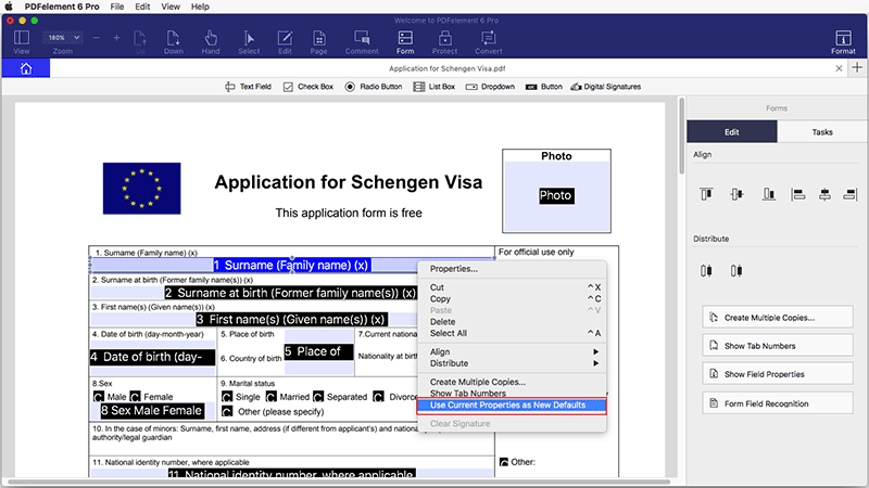 default form properties