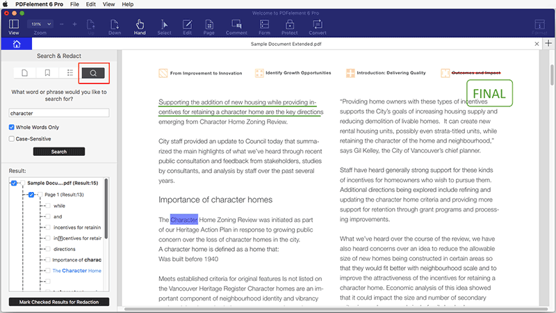 shortcut for searching keywords in pdf mac