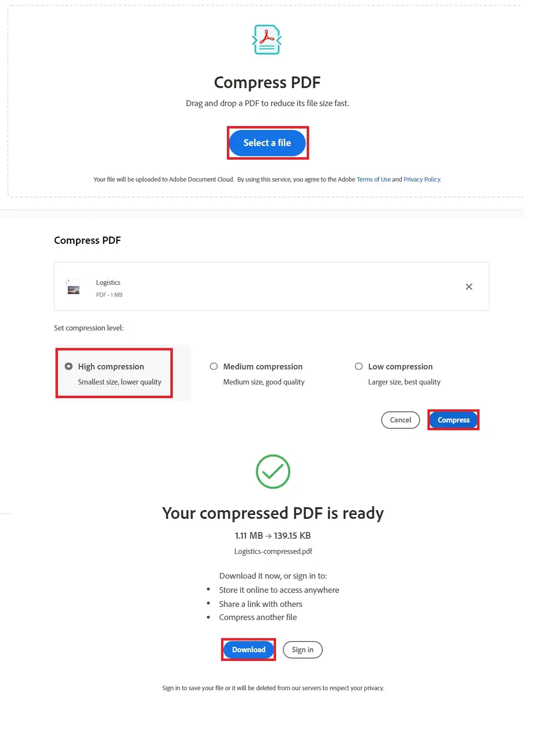 compress pdf on acrobat online