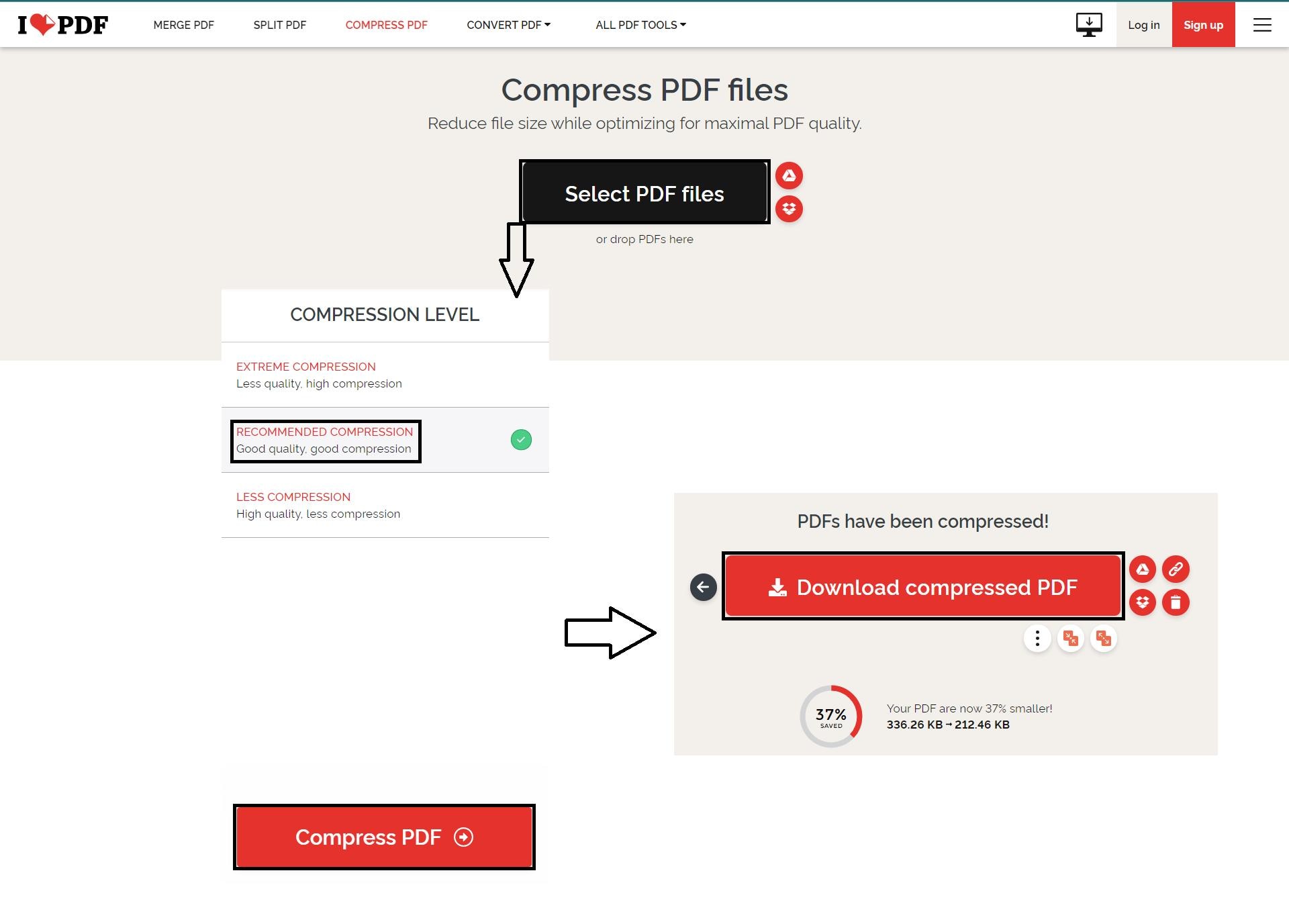 steps to compress pdf on ilovepdf