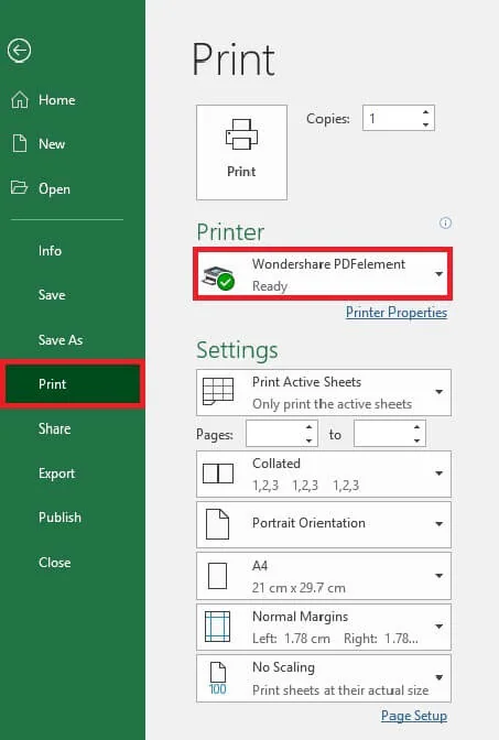 print to pdf excel