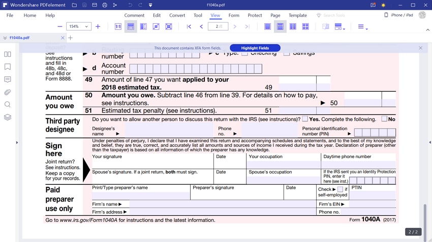 irs form 1040a
