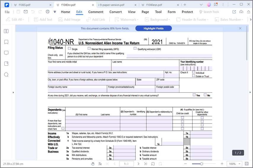 irs form 1040nr instructions