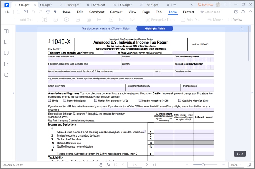 fill out irs form 1040x