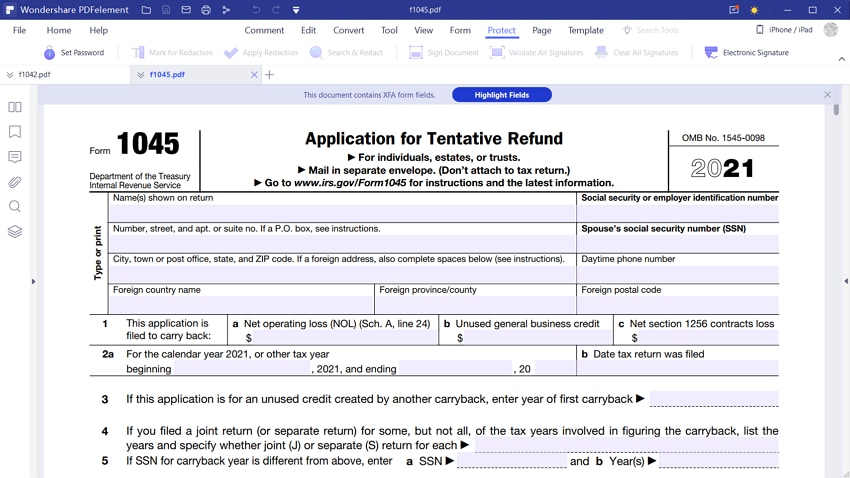 IRS Form 1045 Fill It As You Want