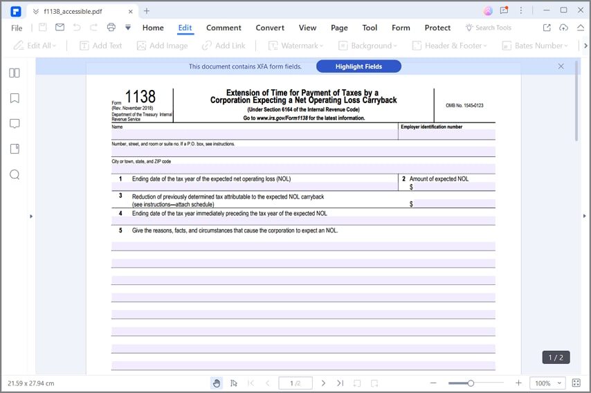 irs form 1138 instructions