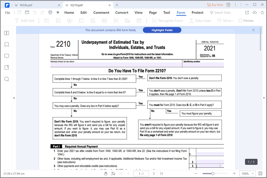 fill out irs form 2210