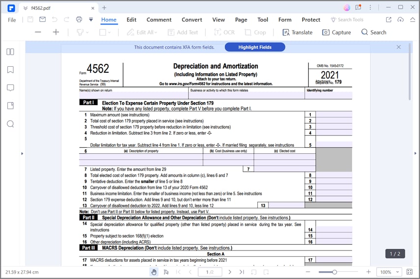 fill irs form 4562 part 1-2
