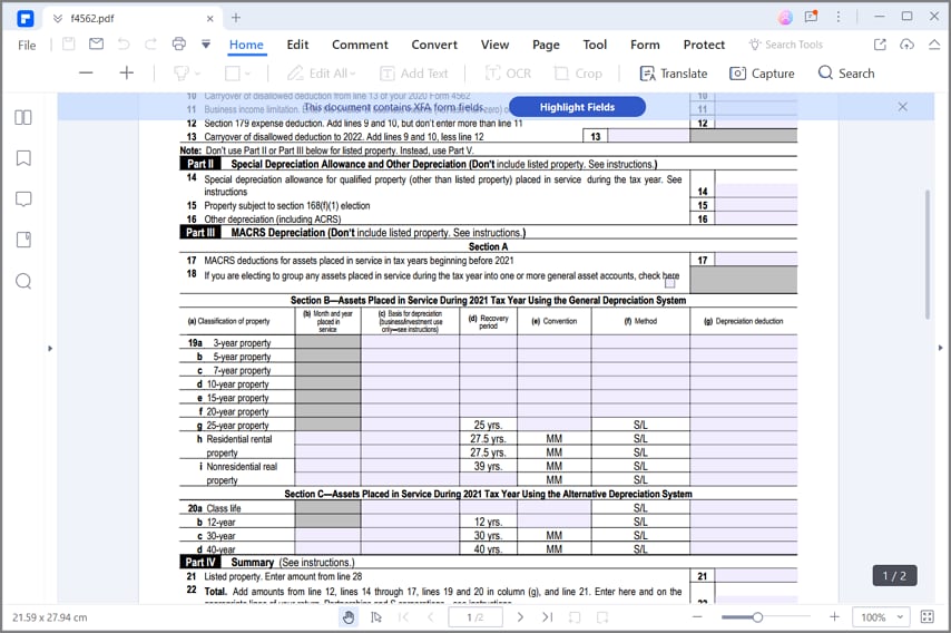 fill irs form 4562 part 2-3