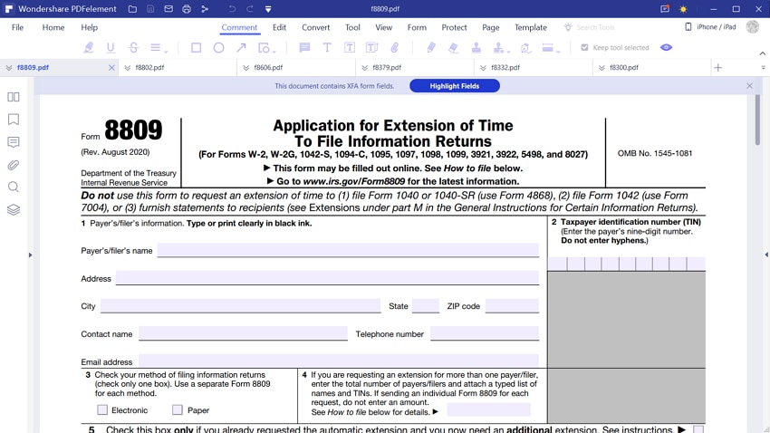 irs form 8809 instructions