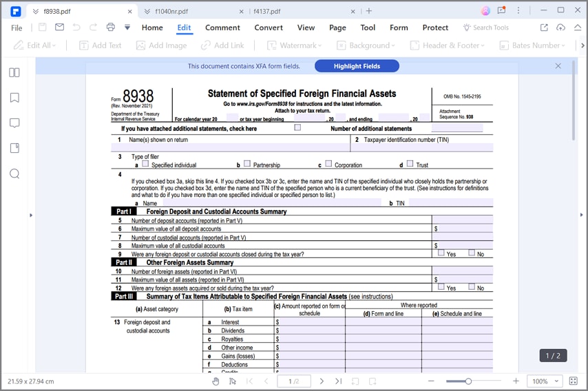 irs form 8938 instructions